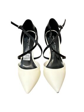 Christian Siriano Ivory Pointed Toe Slingbacks with Black Crisscross Straps
